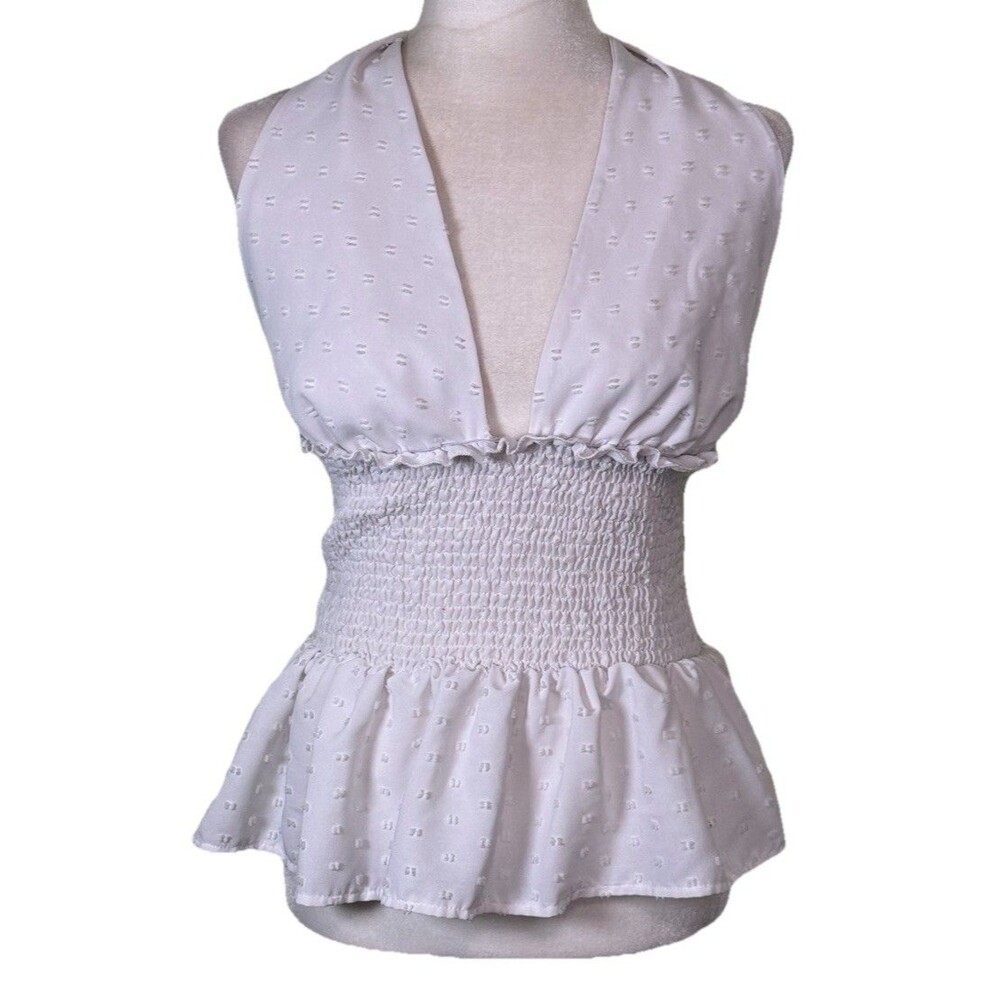 Women’s Coquette White Halter Top Swiss Dot‎ Smocked Waist Ruffle Peplum Size Lg